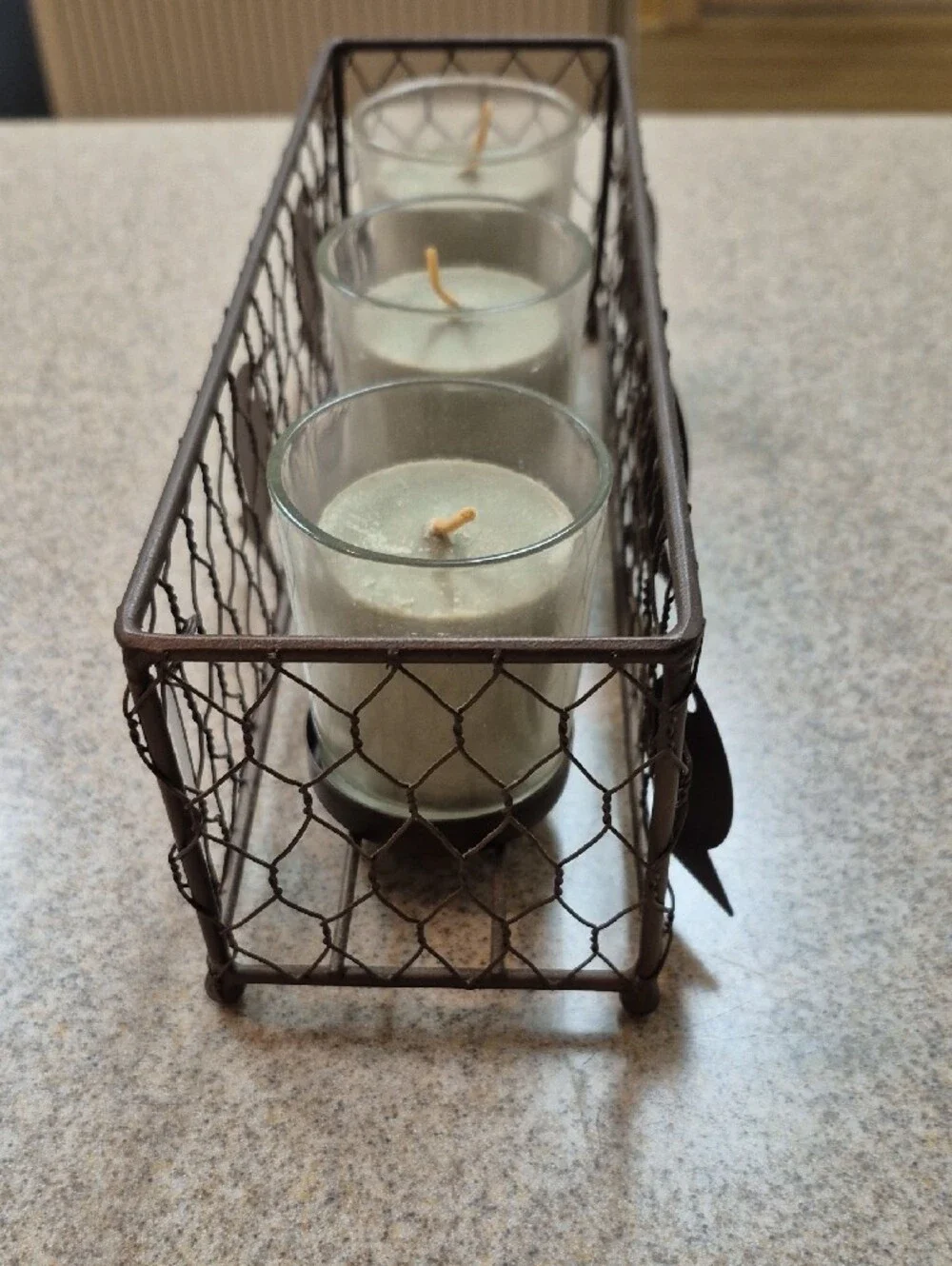 Rustic Metal Wire Votive Light Holder with Green Candles And Fish Charms